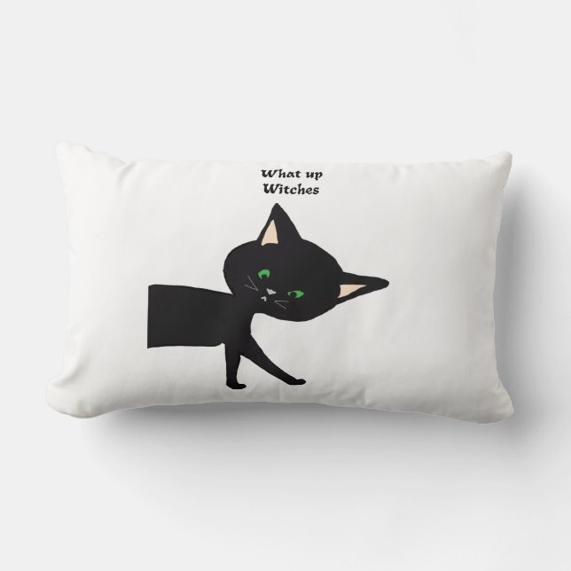 What Up Witches!  Funny Black Cat with Green Eyes Lumbar Cushion (Front)