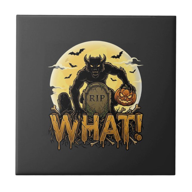 What Werewolf Pumpkin Tombstone Full Moon Ceramic Tile (Front)
