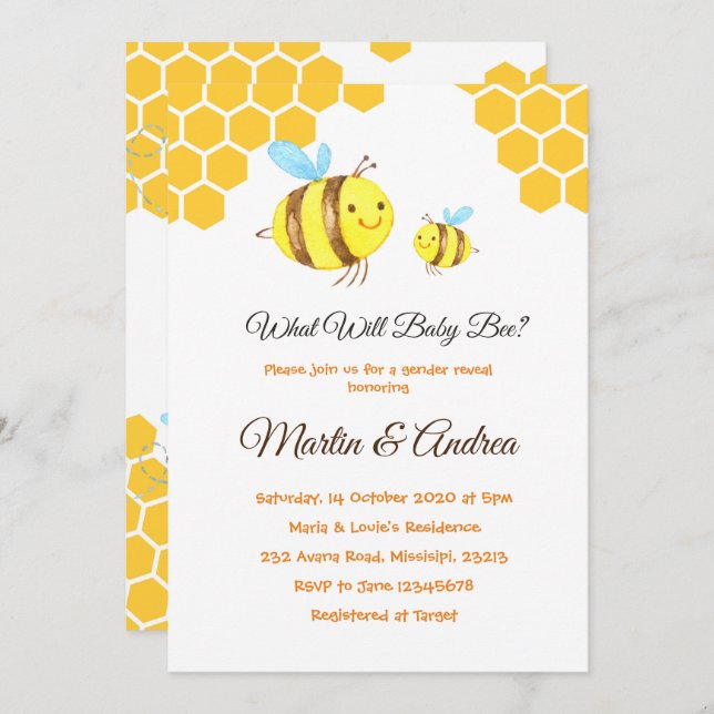 What Will Baby Bee Gender Reveal Bee Party Invitation (Front/Back)