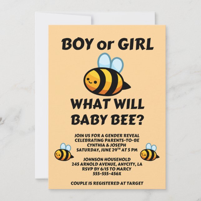 What Will Baby Bee Gender Reveal  Invitation (Front)