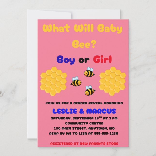 What Will Baby Bee Gender Reveal Invitation (Front)