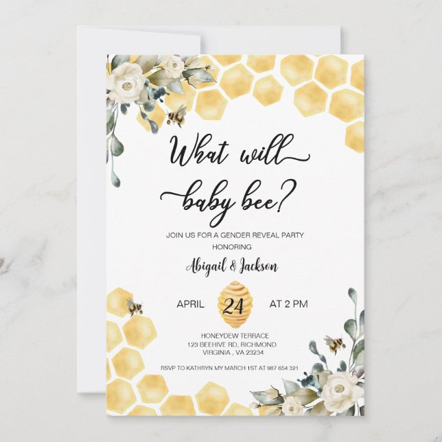 What will baby Bee gender reveal invitation. Invitation (Front)