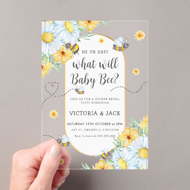What Will Baby Bee White Flowers Gender Reveal Acrylic Invitations (Insitu (Handheld))