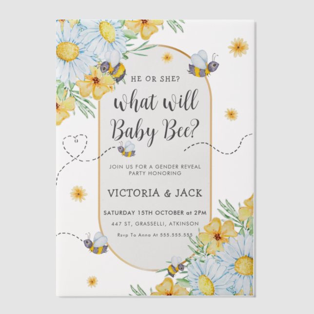 What Will Baby Bee White Flowers Gender Reveal Vellum Invitations (Front)