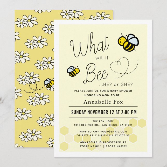 What will it Bee Gender Reveal Yellow Baby Shower Invitation (Front/Back)