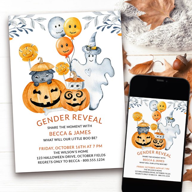 What Will Little Boo Be Halloween Gender Reveal Invitation (Halloween themed gender reveal with cute ghost, balloons and pumpkins)