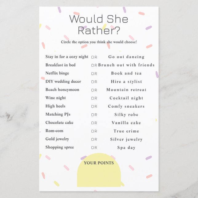 What Would She Choose? Bridal Shower game (Front)
