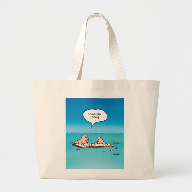 Whatcha Doing? Funny Shipwreck Cartoon Large Tote Bag (Front)