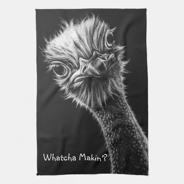 "Whatcha Makin'?" Ostrich Black and White Tea Towel (Vertical)