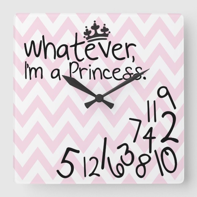 Whatever, I'm a Princess - pink and white chevron Square Wall Clock (Front)