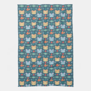 What's Cool, Kitty Cat in Blue and Yellow Tea Towel
