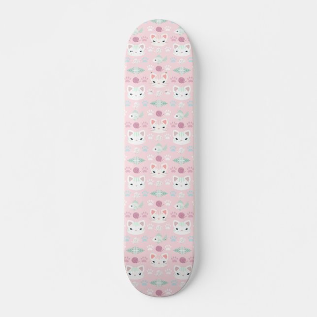What's Cool, Kitty Cat in Pink and Mint Skateboard (Front)