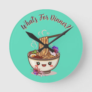 "What's For Dinner?" Mint Green Anime Ramen Bowl Round Clock