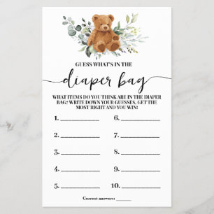 Whats In Diaper Bag Bear Greenery Shower Game Card