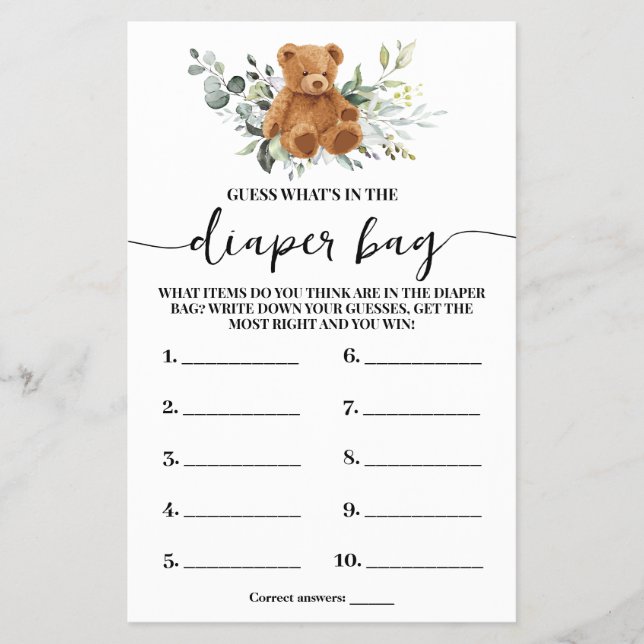 Whats In Diaper Bag Bear Greenery Shower Game Card (Front)