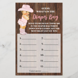 Whats In Diaper Bag Cowgirl Baby Shower Game Card