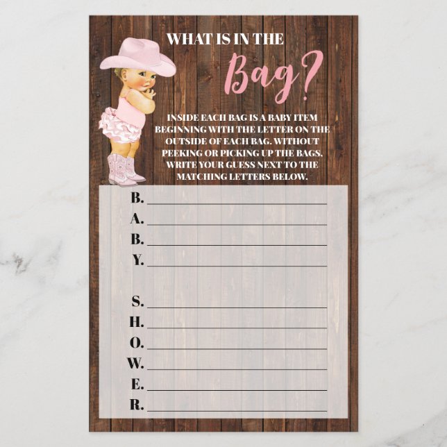 Whats in the Bag Cowgirl Baby Shower Game card (Front)