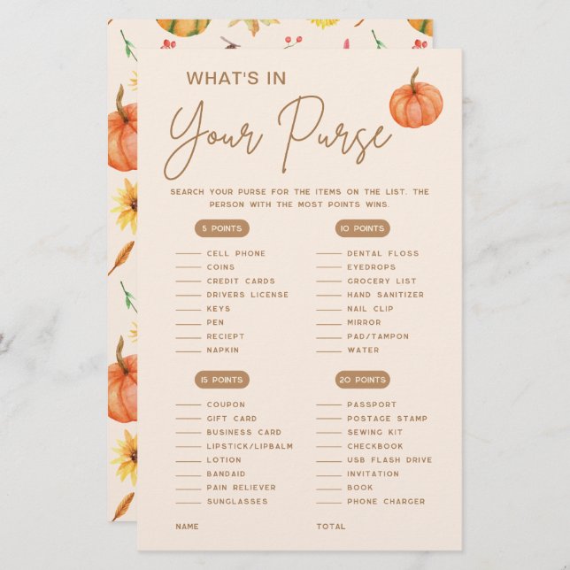 What's in you purse Fall Pumpkin Baby Shower Game (Front/Back)