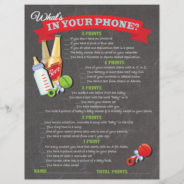 What's in your phone baby shower game (Front)