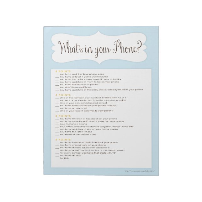 What's In Your Phone Baby Shower Game Notepad Blue (Rotated)