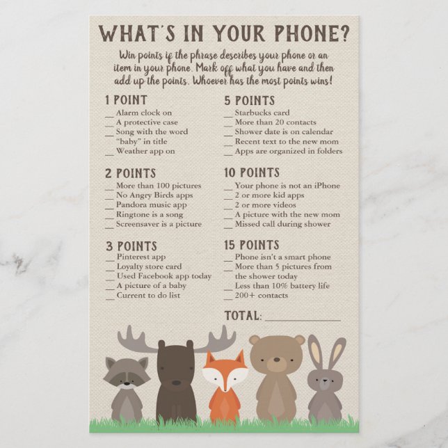 What's in Your Phone Game for Woodland Baby Shower Flyer (Front)