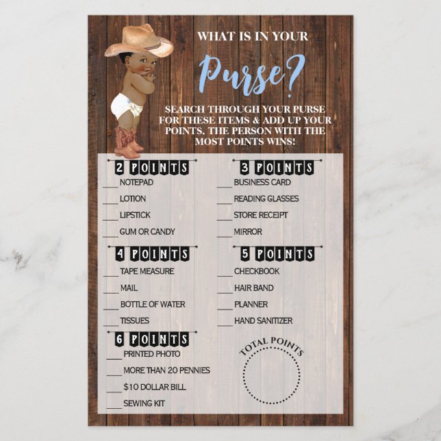 What's In Your Purse AA Cowboy Shower Game Card (Front)