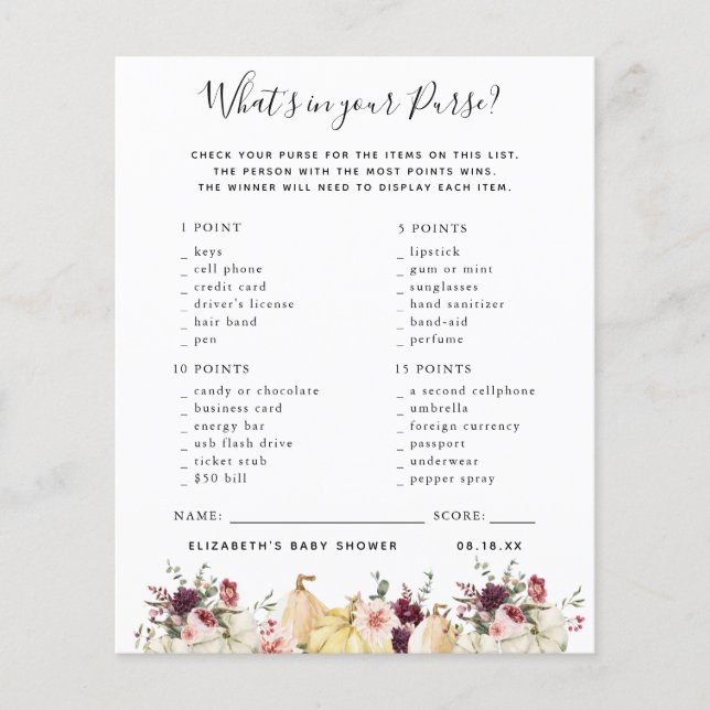 What's in your Purse | Baby Shower Game (Front)