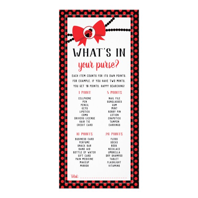 What's In Your Purse? Baby Shower Game, 25 Pack Rack Card (Front)
