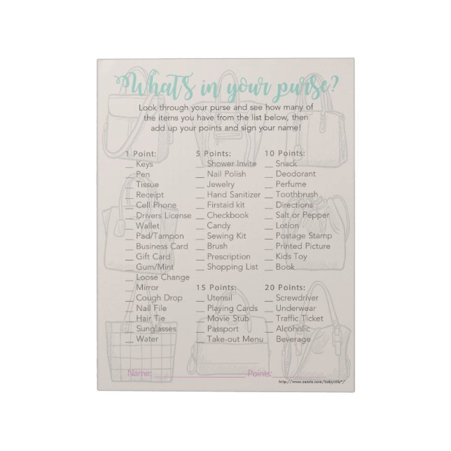What's In Your Purse Baby Shower Game Notepad (Rotated)