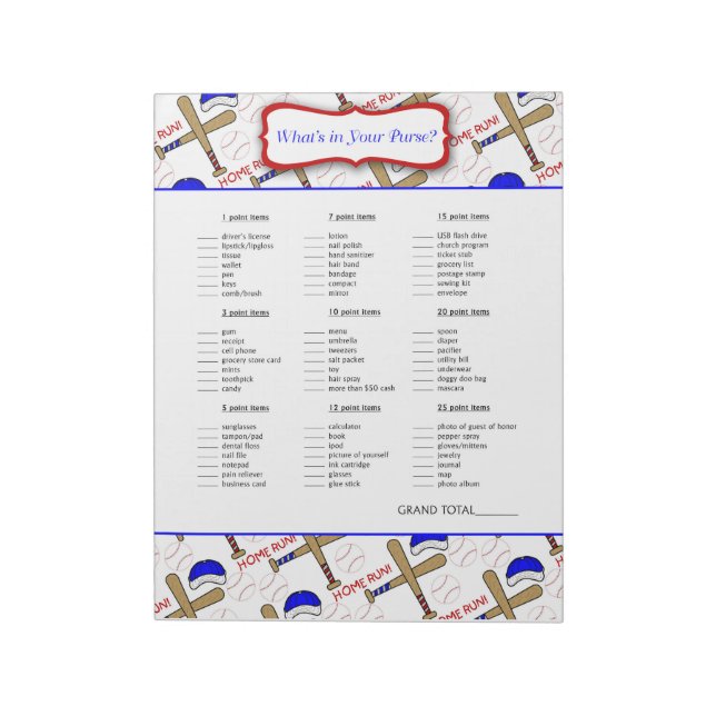 What's in your purse Baseball Baby Shower Game Notepad (Rotated)