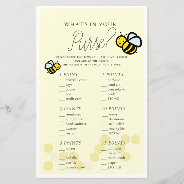 What's in Your Purse Bee Yellow Baby Shower Game (Front)