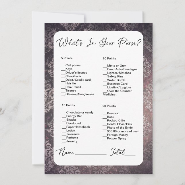 What's In Your Purse Black  Damask Bridal Shower Invitation (Front)