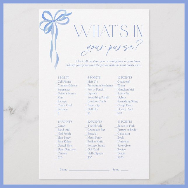 What's In Your Purse Blue Bow Bridal Shower Game (Creator Uploaded)
