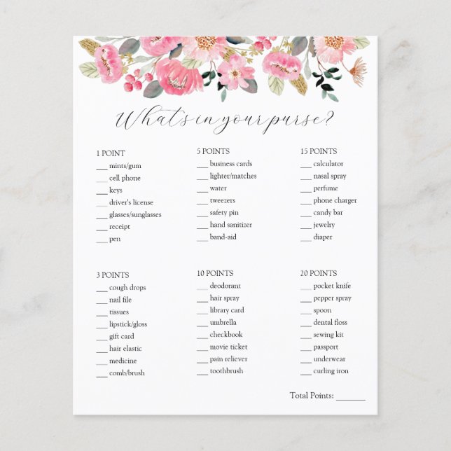 What's in Your Purse Bridal Shower Game  (Front)