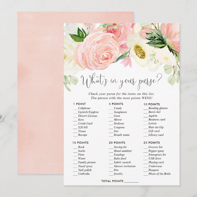 What's in your purse bridal shower game blush pink invitation (Front/Back)