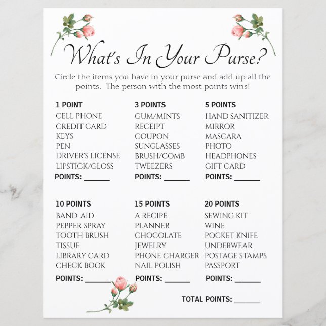 Whats In Your Purse Bridal Shower Game  Blushing P (Front)