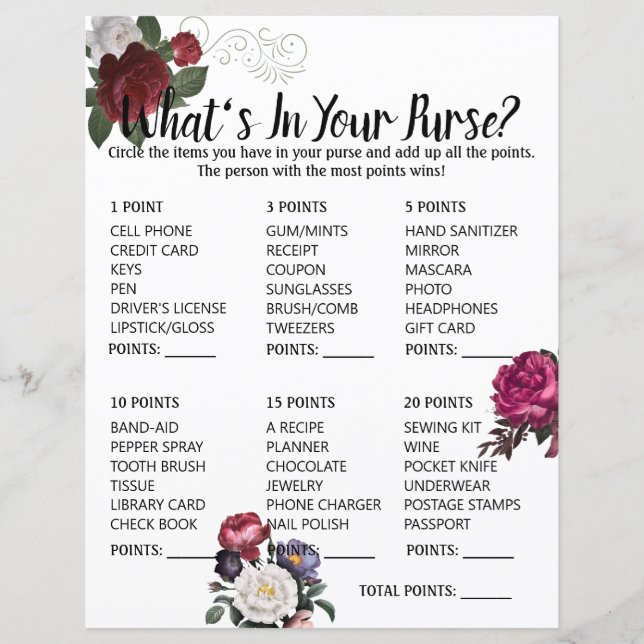 Whats In Your Purse Bridal Shower Game Elegant Bur (Front)