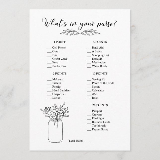 What's In Your Purse Bridal Shower Game Program (Front)