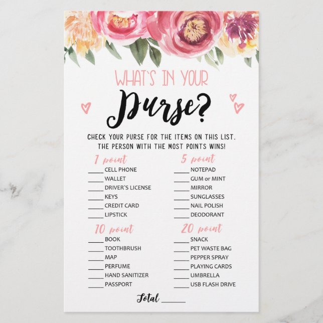 Whats in your purse Bridal Shower, Hen Party game (Front)