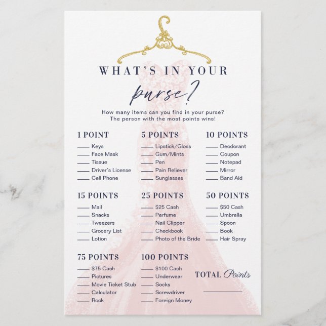 What's in Your Purse Elegant Dress Shower Game (Front)