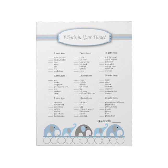 What's in your purse Elephant Baby Shower Game Notepad (Rotated)