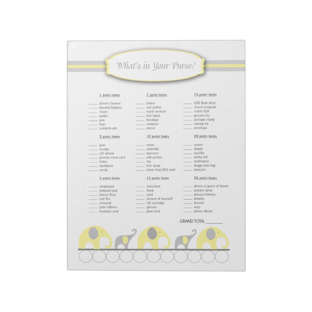 What's in your purse Elephant Baby Shower Game Notepad (Rotated)