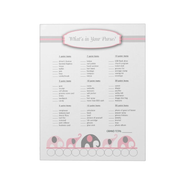 What's in your purse Elephant Baby Shower Game Notepad (Rotated)