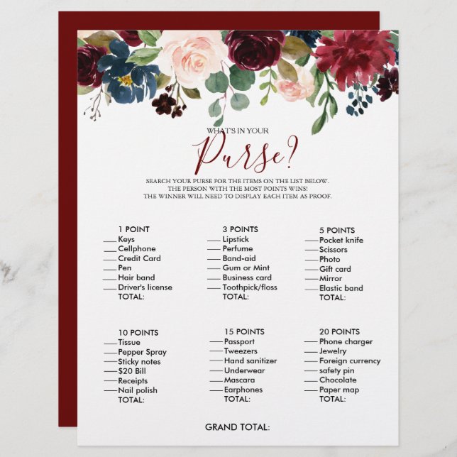 What's in your Purse Floral Bridal Shower Game (Front/Back)