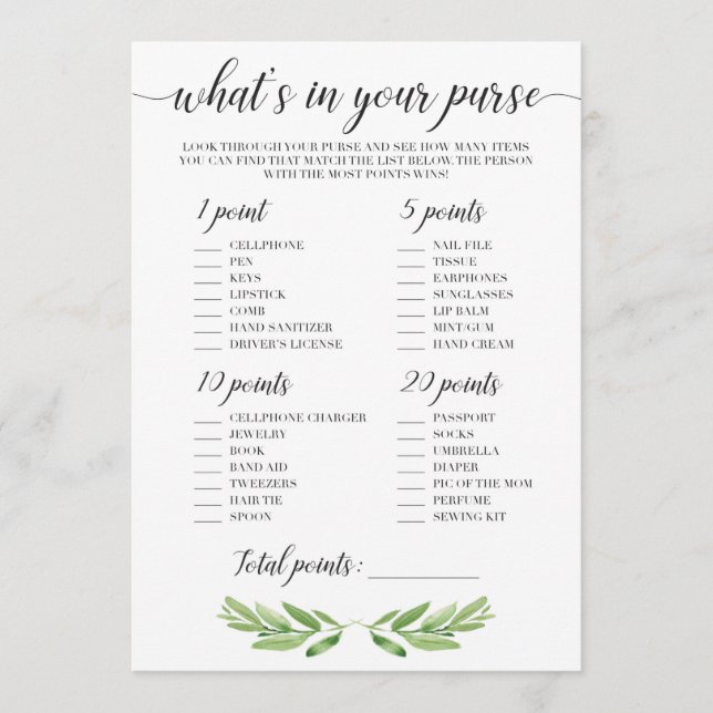 Whats In Your Purse Game for Garden Baby Showers (Front)