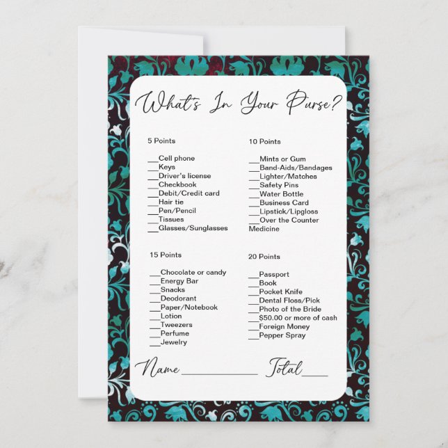 What's In Your Purse Green Victorian Bridal Shower Invitation (Front)