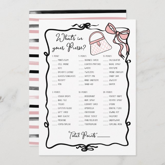 What's in Your Purse Hand Drawn Bow Bridal game Invitation (Front/Back)