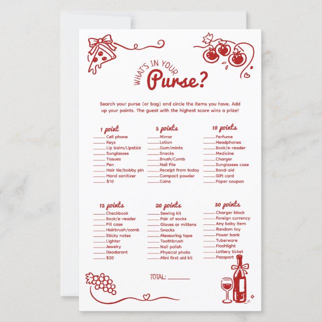 Whats In Your Purse Italian Bridal Party Game Card (Front)