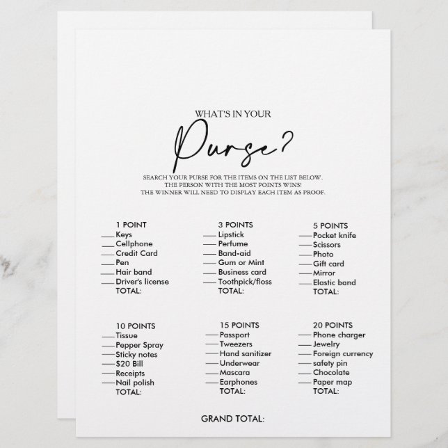 What's in your Purse Minimalist Bridal Shower Game (Front/Back)