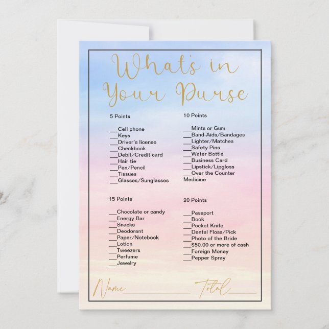 What's In Your Purse Pastel Clouds Bridal Shower Invitation (Front)